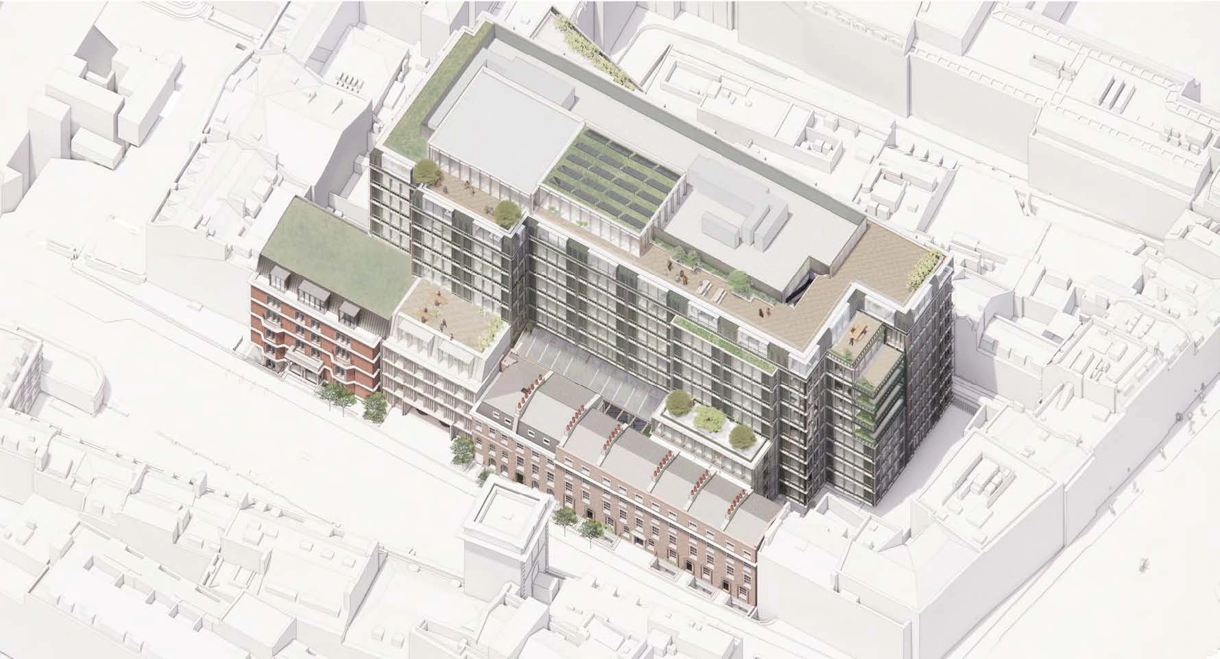 Aerial rendering of the St Thomas Yard proposal, showing a modern, stepped office building with green roof terraces rising behind preserved historic brick facades