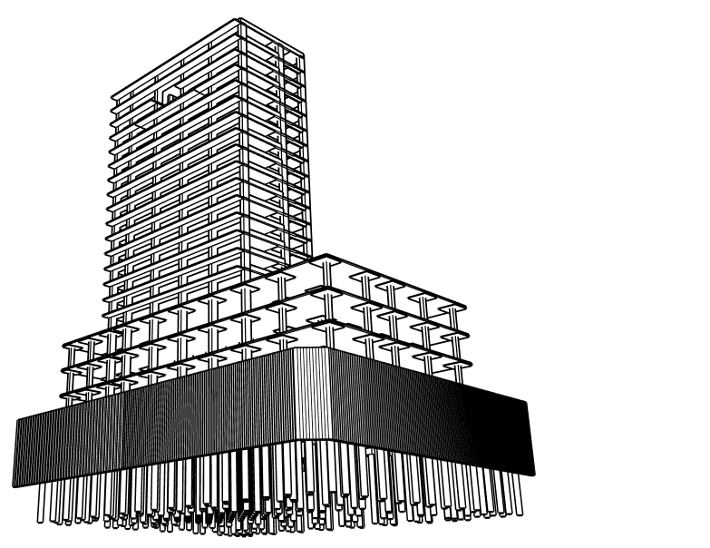 Structural wireframe of a side-core building